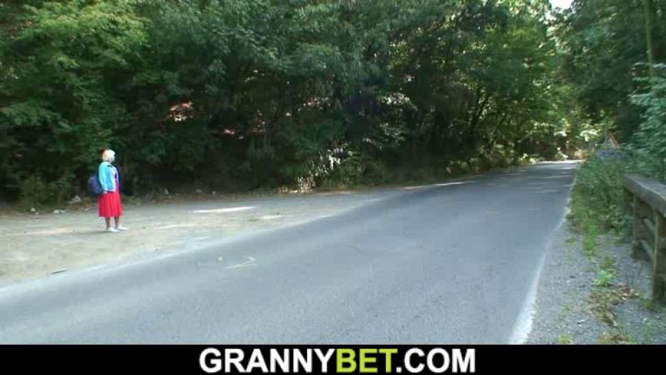 GRANNYBET - Hitchhiking blonde granny rides his young cock