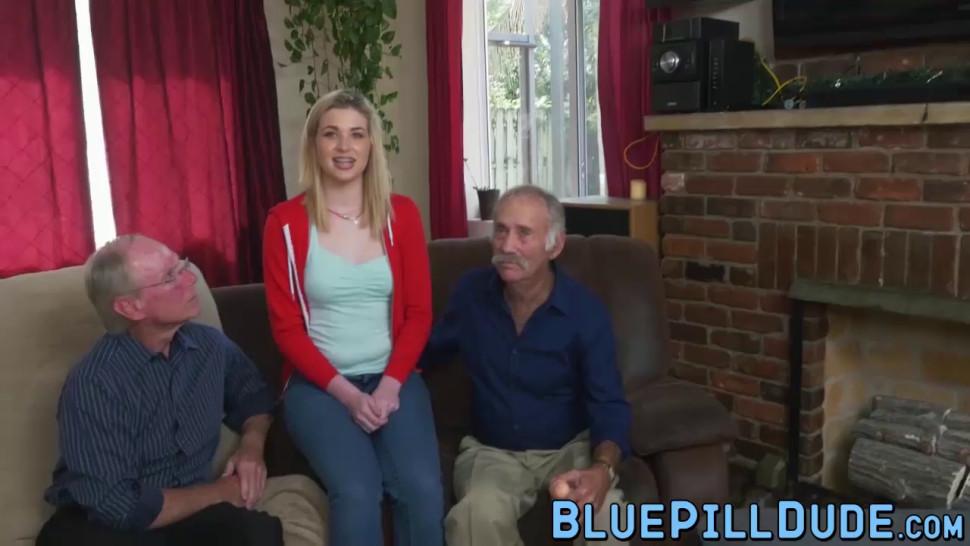 BLUE PILL DUDE - Mature perv will teach a slutty teen blonde how to suck it