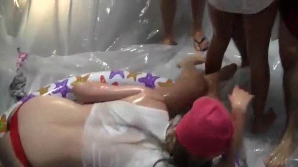 College teens playing sex games at dorm room pool party