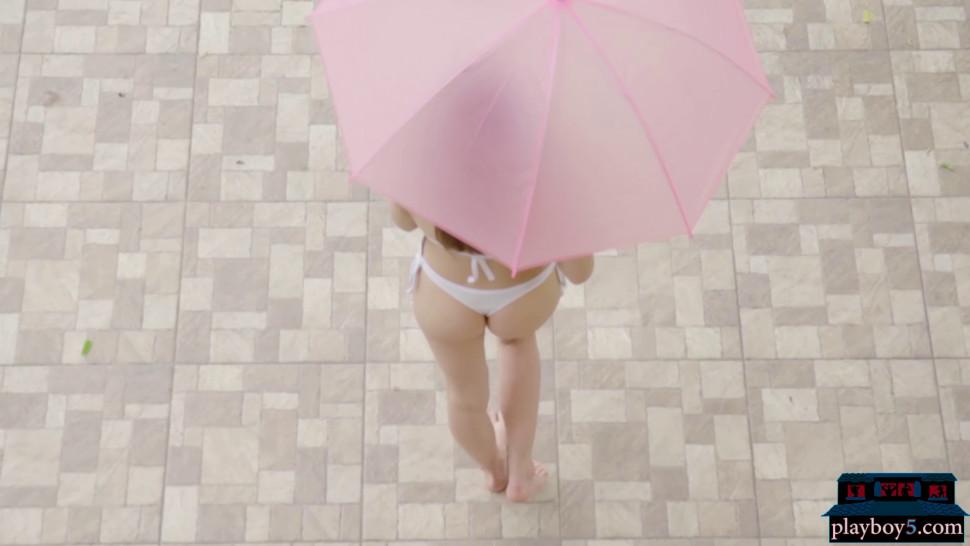 Amazing body teen model strips off bikini and posing nude