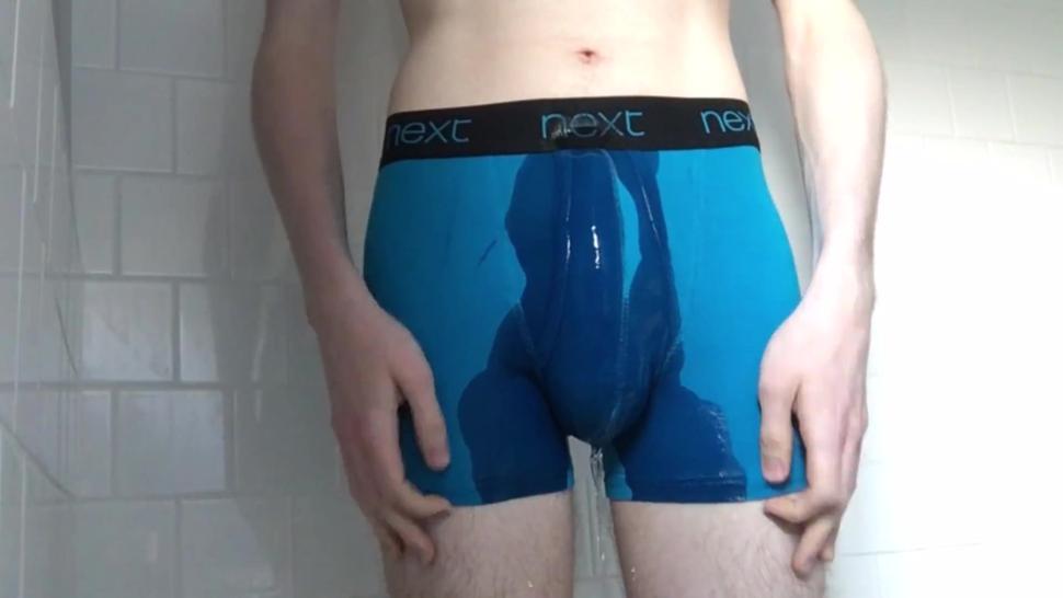 Desperate College Twink Pissing His Blue Boxer Briefs
