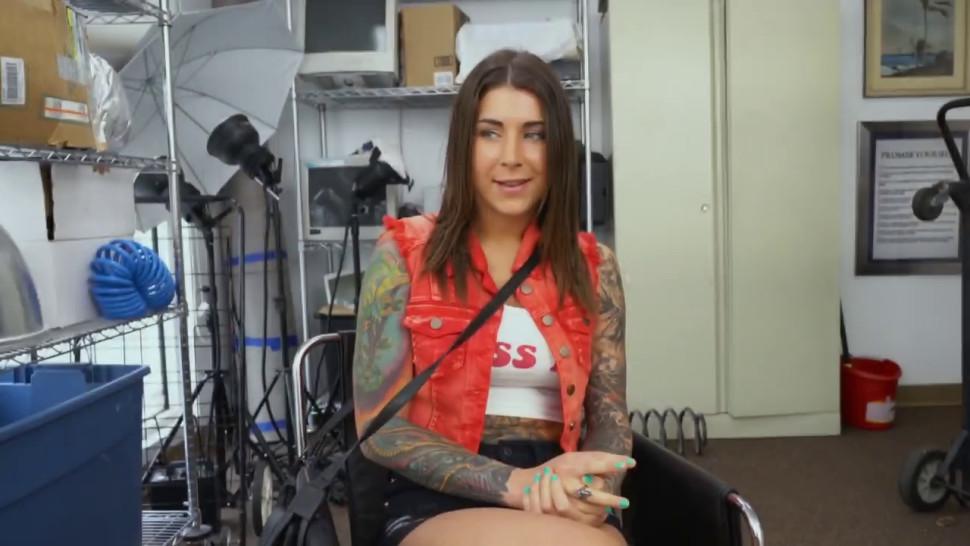 Doggystyle on the floor for a hot tattooed teen by BBC fake interviewer