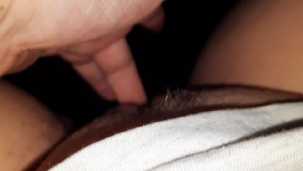 Daddys girl slowly fingering her unshaved cunt, wet spot