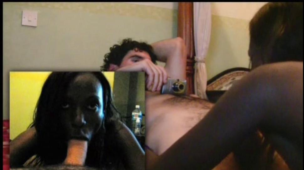 Afro babe sucking and taking huge white dick deep in twat