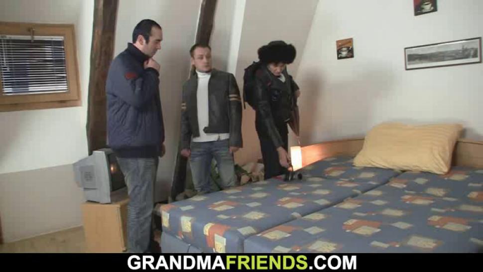 GRANDMA FRIENDS - Two men film 3some with 60 yo granny in lingerie