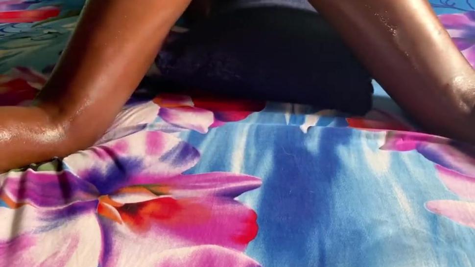 Oiled up ebony grinding on pillow