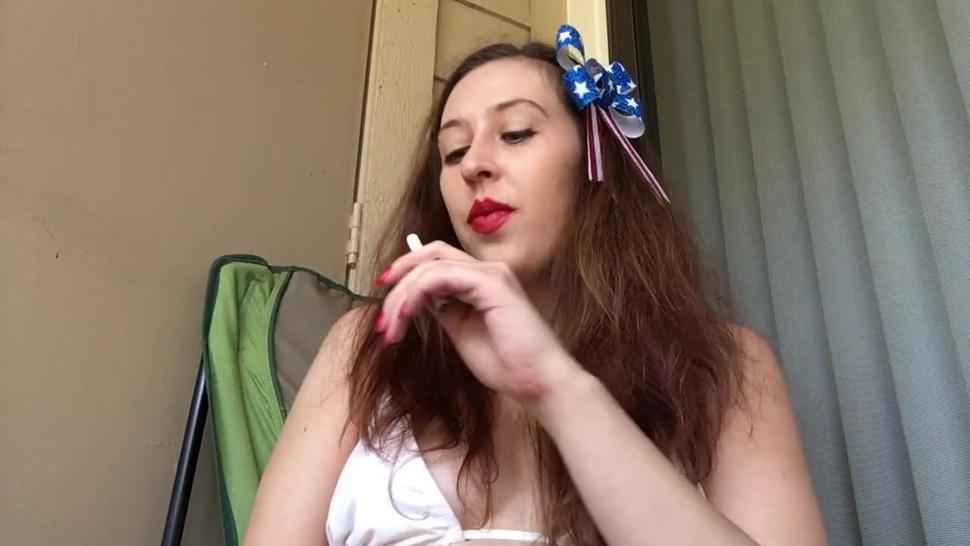 America's Sweetheart Goddess D Smoking on the 4th of July - Red Nails - Red Lipstick - Marlboro 100