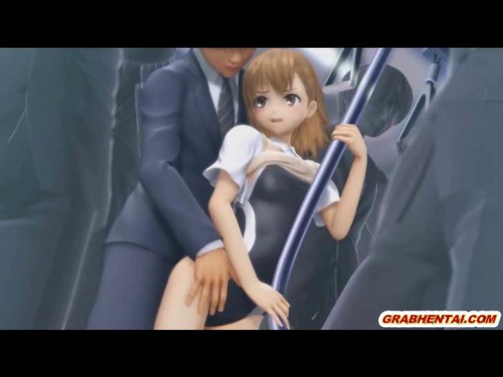 3D anime cutie shoved umbrella sticks in her ass and pussy