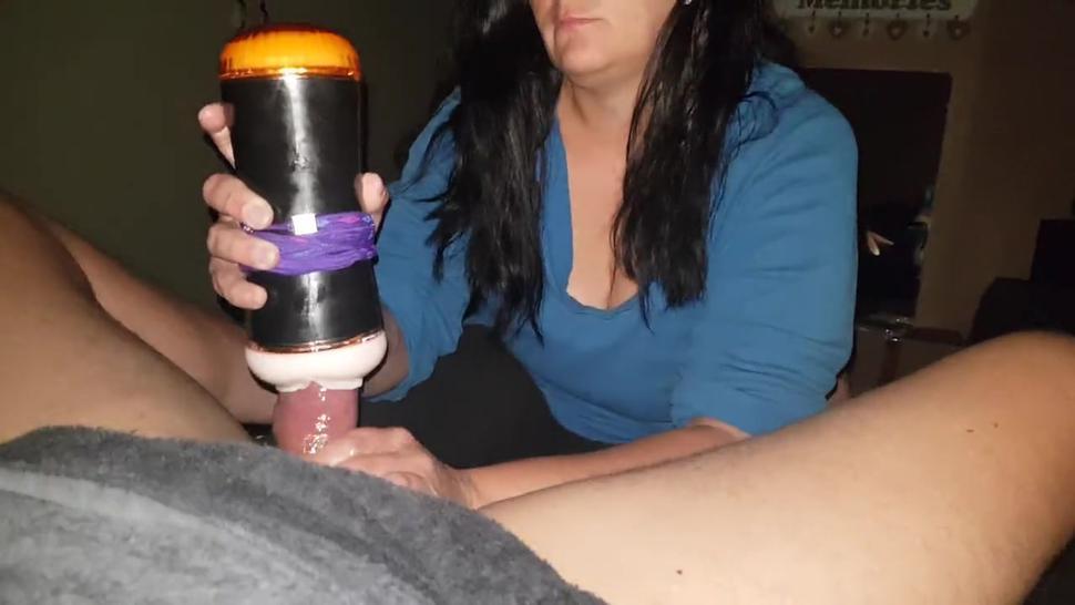 Madam pretending the tight fleshlight is another woman and Madam helps her fuck my dick so kinky