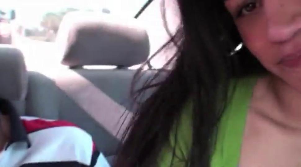 Two brunette coeds sucking dick in car - video 1