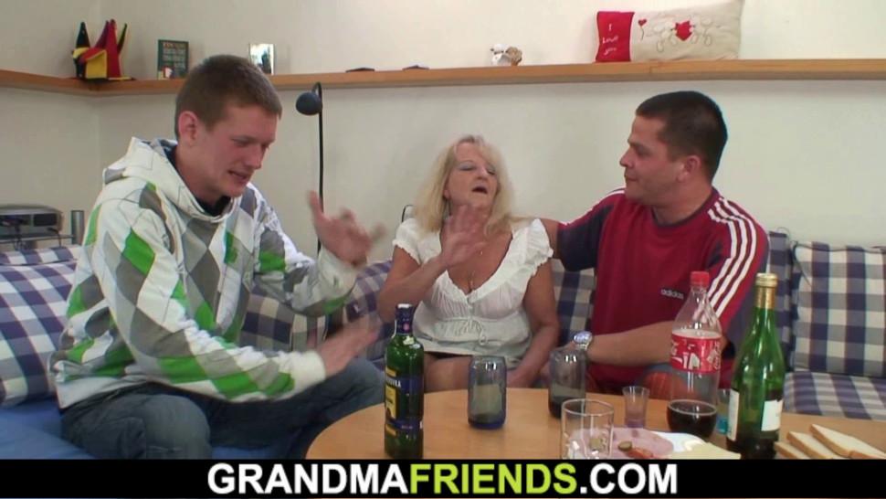 GRANDMA FRIENDS - Boozed blonde granny takes two big cocks from both sides