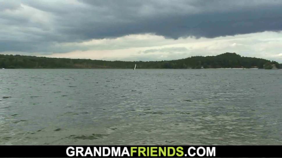 GRANDMA FRIENDS - Old grandma and teen boys 3some outdoors