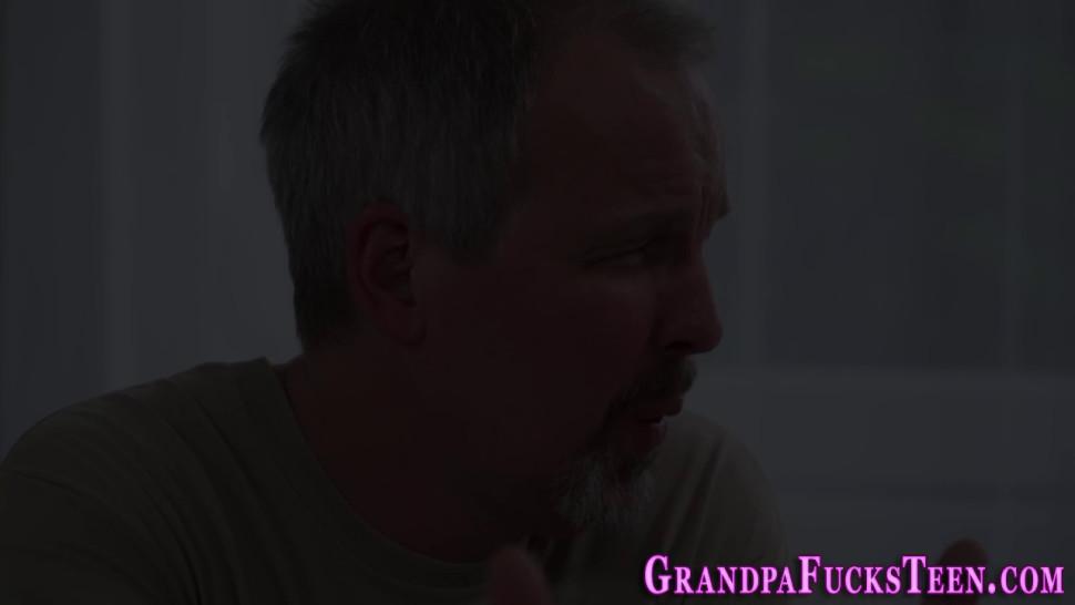 Teen blonde gets face spermed by grandpa