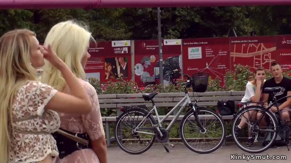 Hot blonde sluts disgraced in public outdoor