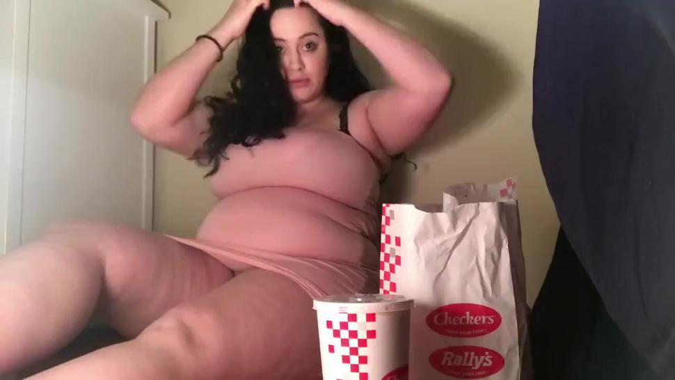 Obese girl gets a stuffed belly from fast food
