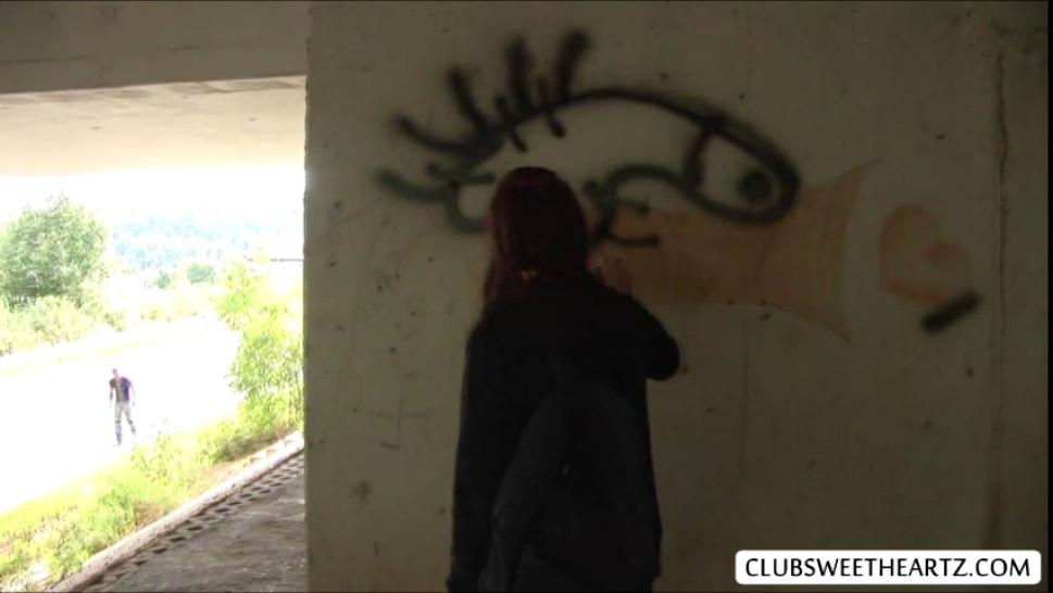 Sindy flashes tits after getting caught doing graffiti under bridge