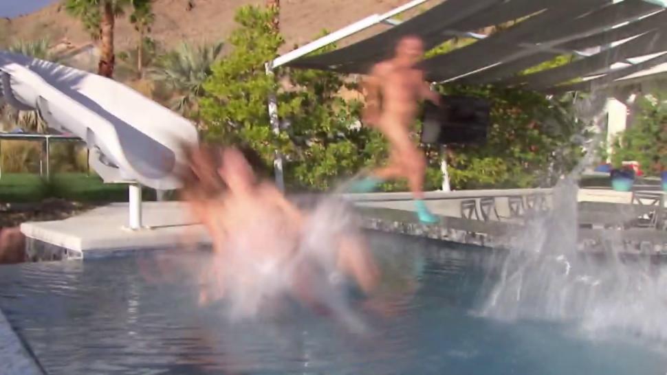 Naked swinger couples are sharing their experience around the pool side