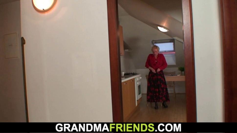 GRANDMA FRIENDS - Busty blonde grandma gets double teamed