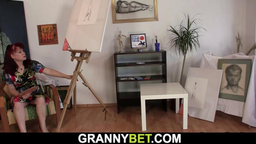 GRANNYBET - Shaved pussy woman in sexy lingerie rides his cock