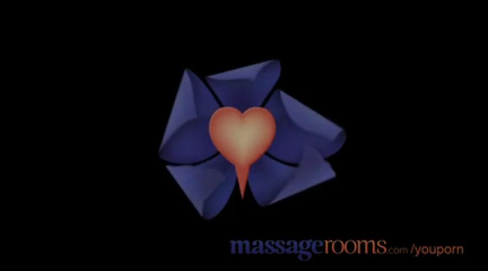 Massage Rooms Uma expertly massages two hard cocks to an intense climax