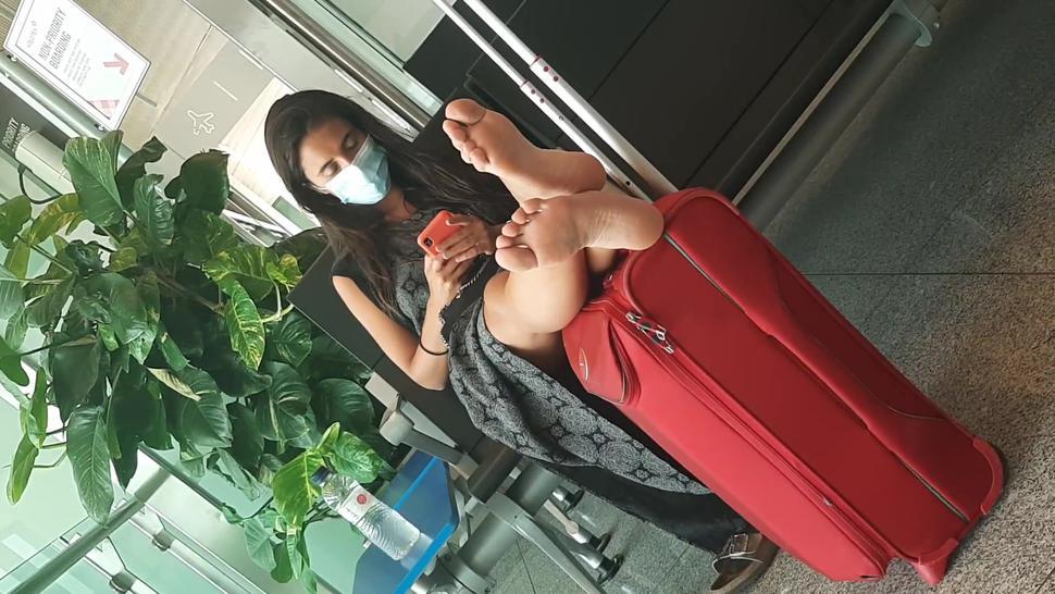 Girl hot soles feet legs in airport barcelona with mask part 2 look me