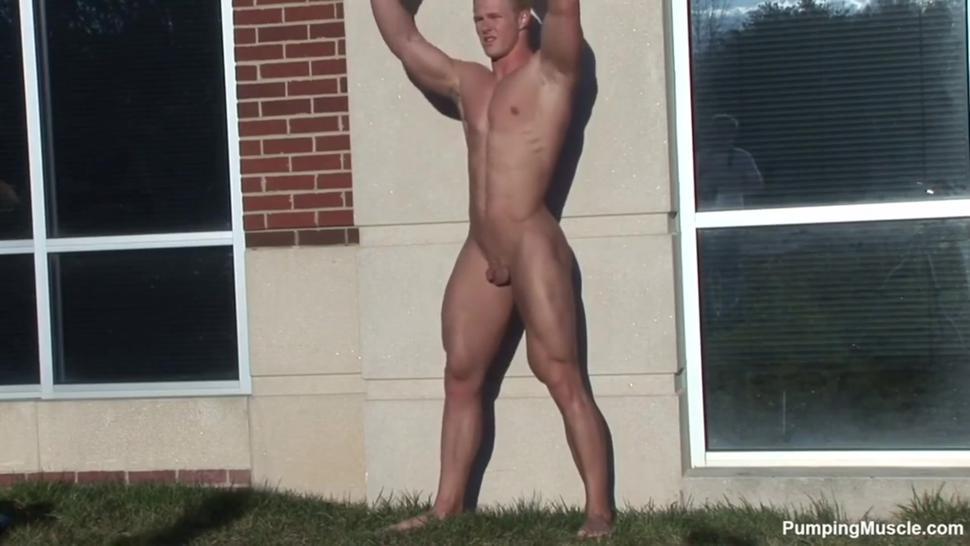 American bodybuilder Kevin Schnittker reluctantly showing off his small penis at outdoor photo shoot