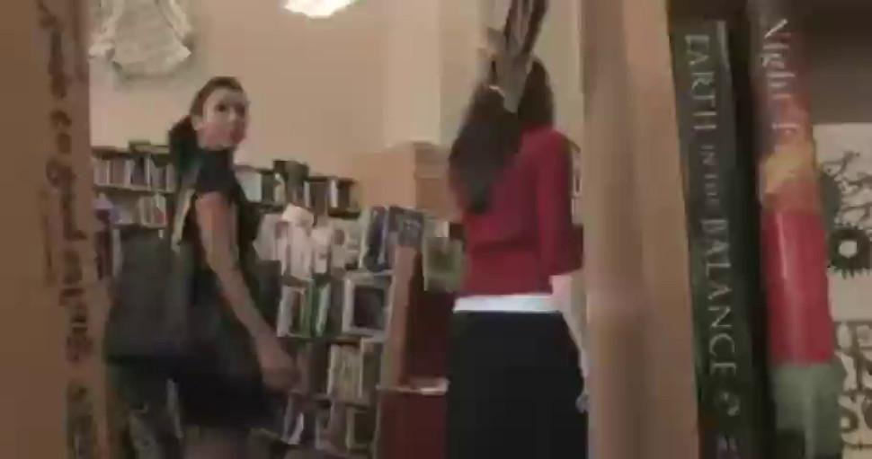 Bitch gets humiliated in public library getting filled with toys