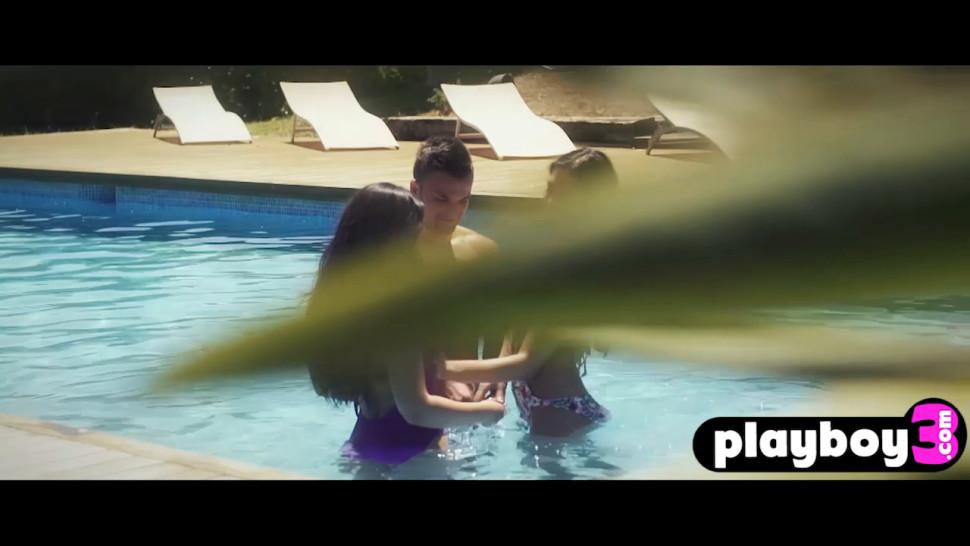 Two Russian babes sucks huge guys dick on the pool