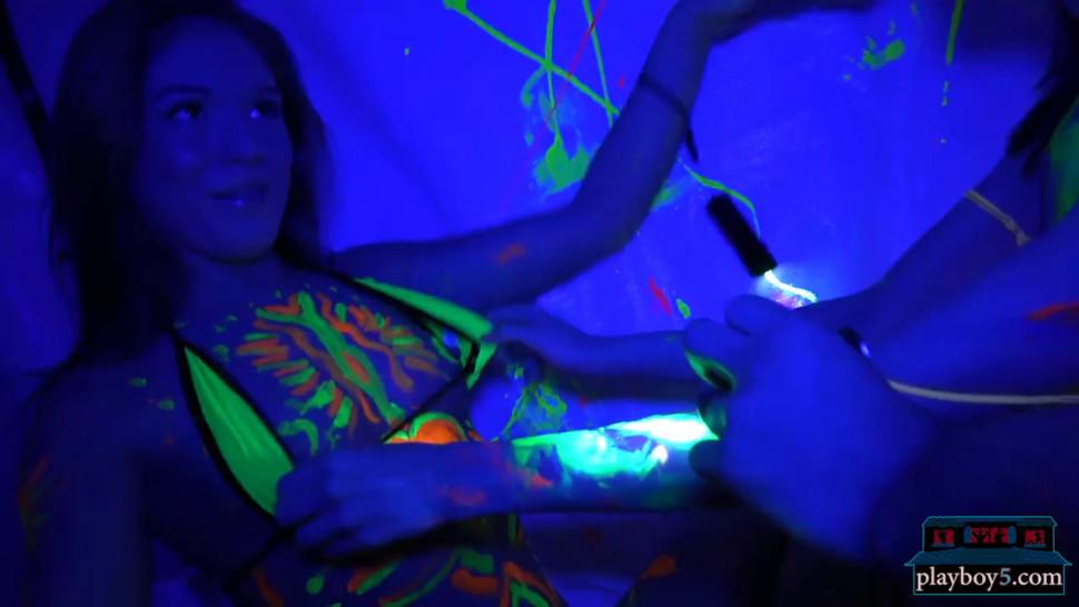 College teens glow in the dark orgy party in a dorm