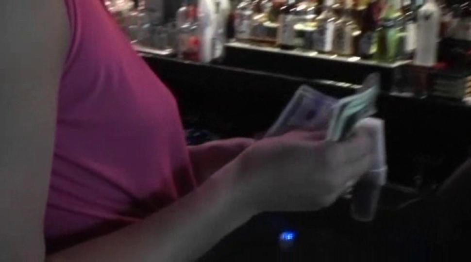 Amateur tempting girl blowing hard shaft for cash in a bar
