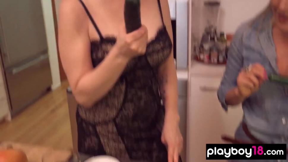 Kate and  busty GF searching sexy stuffs in the kitchen