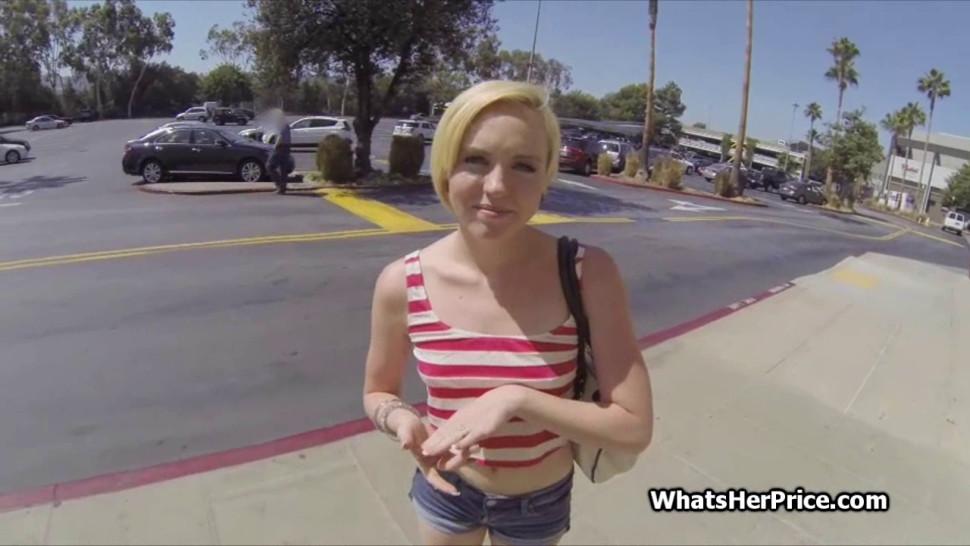 Drilling cute blonde outdoors for quick money