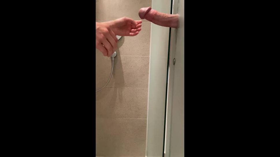 Sucking off my boss through a gloryhole in the shower  Gloryhole Blowjob