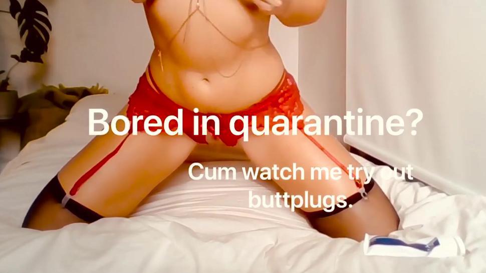 Bored in Quarantine-perfect slut try’s out butt plugs and 8” dildo dp x