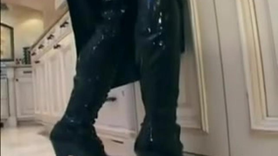 Brunette fucks in latex lingerie boots and gloves