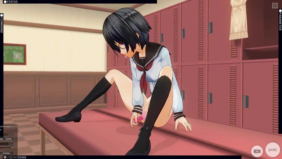 3D HENTAI trailer Schoolgirl with glasses cums in the locker room with a vibrator and does AHEGAO