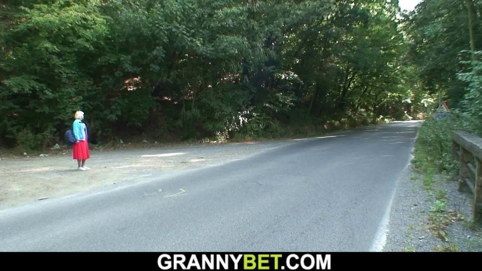 GRANNYBET - Hitchhiking old granny gets used in the car