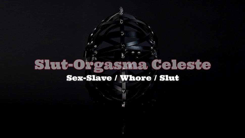 Slave Slut-Orgasma Celeste restrained in latex and leather