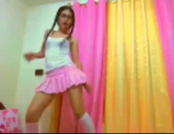 Sexy Asian Babe In Glasses And Pink Skirt Dancing On WebCam