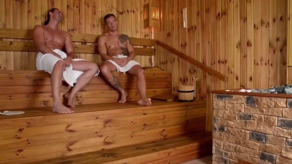 Shy teen girl with very big tits having fun with two old men in sauna