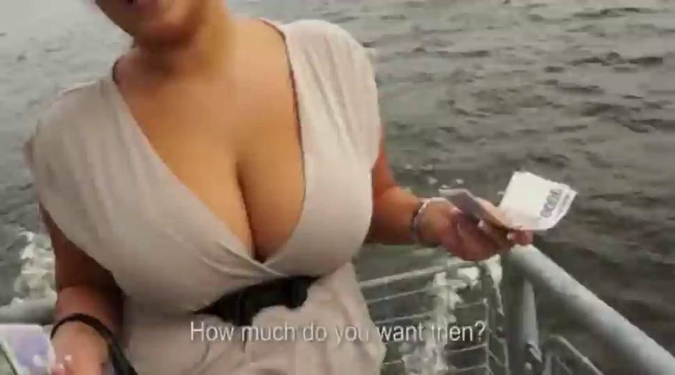 Nasty milf flashes her big tits and fucked in public for cash
