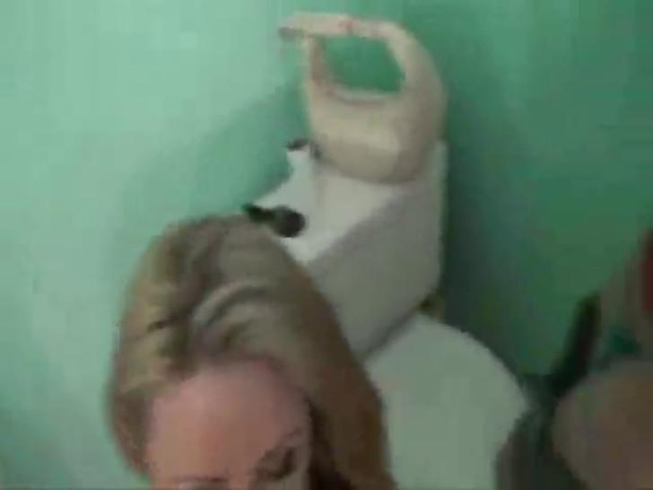 Two sluts share one cock in the bathroom!
