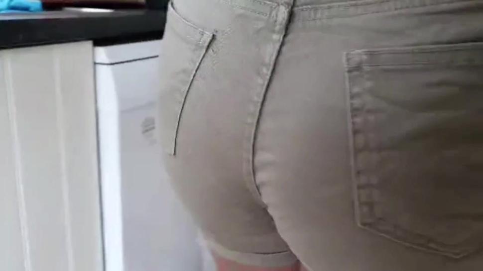 Visible Panty Line and Cameltoe in Tight Shorts of My Ebony Wife with Perfect Round Ass in Kitchen