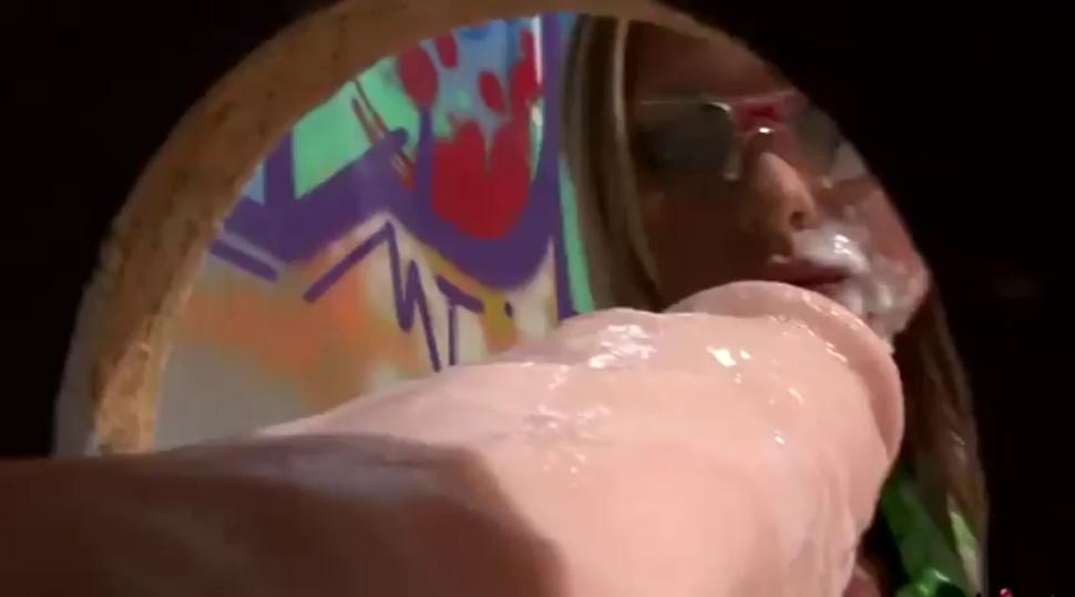 Blondie showers in cum at the gloryhole