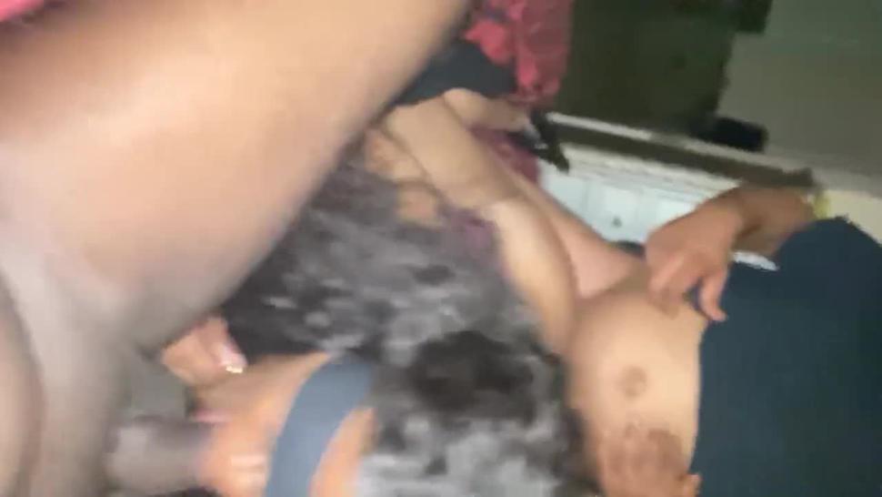 Ebony wife takes facial from stranger during gangbang