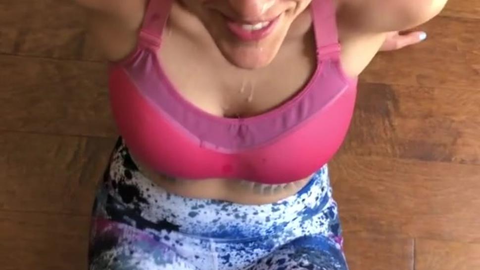 Cutie in workout clothes laughs after a facial - cum up the nose