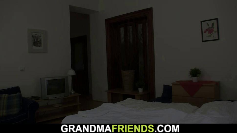 GRANDMA FRIENDS - Hairy small tits grandma threesome fuck