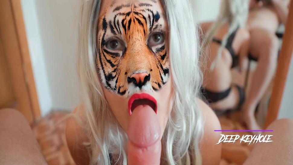 Young tigress deeply swallows my cock