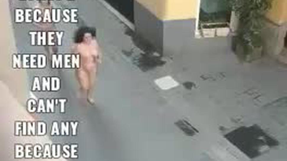 Naked women running in the street