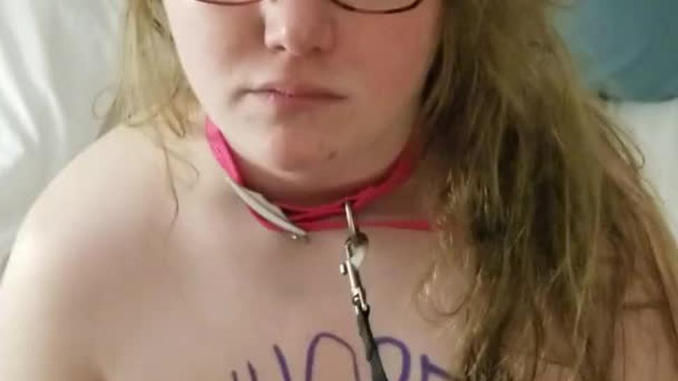 18 Year Old Slut Takes Body Writing & Leash Before First Time Eating Ass